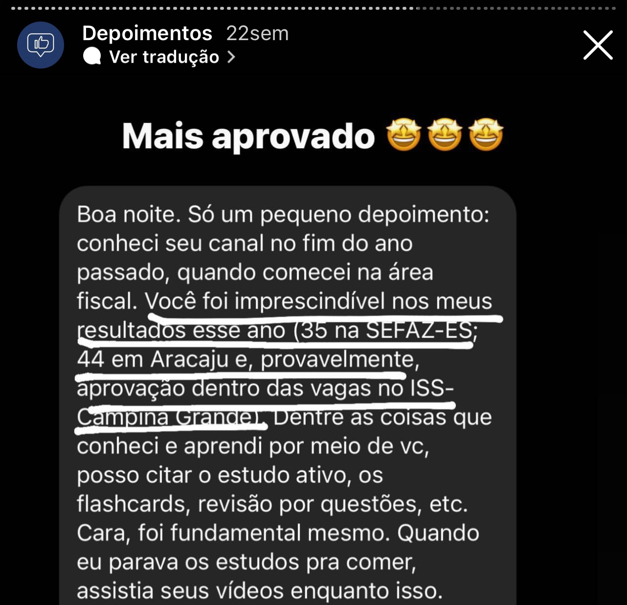 Depoimento de aluno aprovado